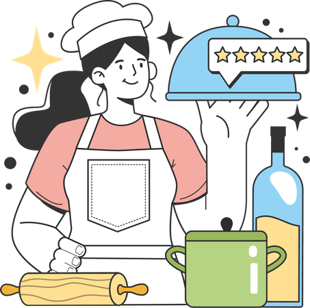 Chef femenina preparando comida mientras muestra una reseña de comida  Ilustración