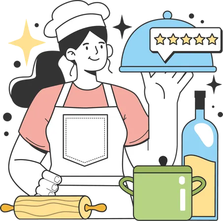 Chef femenina preparando comida mientras muestra una reseña de comida  Ilustración