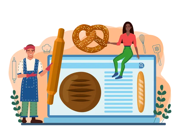 Servicio O Plataforma En Linea De Baker Chef Con Uniforme De Reposteria Trabajador De Panaderia Vendiendo Productos De Reposteria En Una Tienda Sitio Web Ilustracion De Vector Plano Ilustración