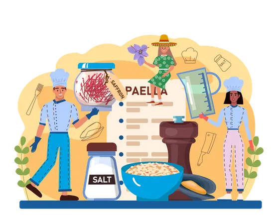 Paella Plato Tradicional Espanol Con Marisco Y Arroz En Un Plato Chefs Cocinando Cocina Gourmet Saludable Ilustracion De Vector Aislado En Estilo De Dibujos Animados Ilustración
