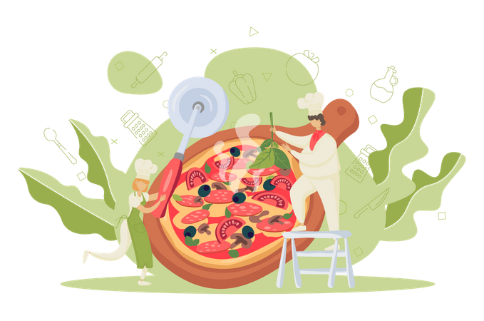 Chef preparando pizza  Ilustración