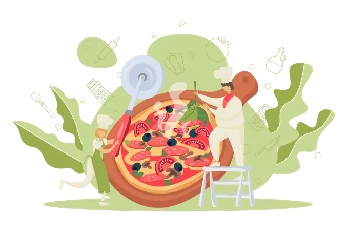 Conceito De Pizzaria Chef Cozinhando Saborosa Pizza Deliciosa Comida Italiana Salame E Queijo Mussarela Rodela De Tomate Ilustracao Vetorial Isolada Em Estilo Cartoon Ilustração