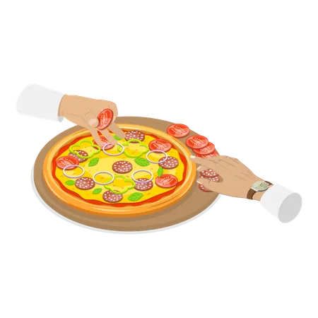 Chef preparando pizza para convidado  Ilustração