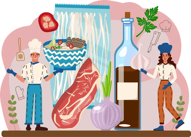 Chef preparando prato não vegetariano  Ilustração
