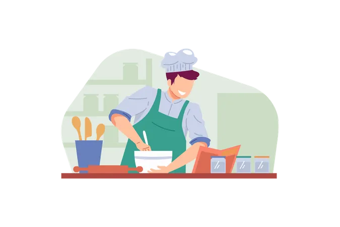 Chef Cooking While Looking At Recipe Illustration