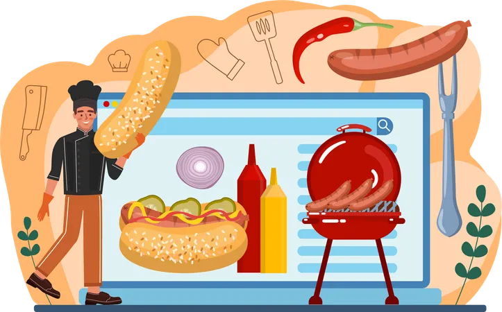 Chef prepares cheese burger from recipe  Illustration