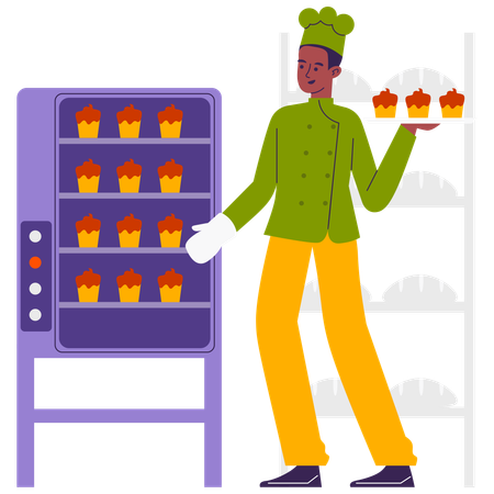 Chef prepares Cupcake in Oven  Illustration