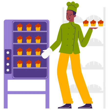 Chef prepares Cupcake in Oven  Illustration