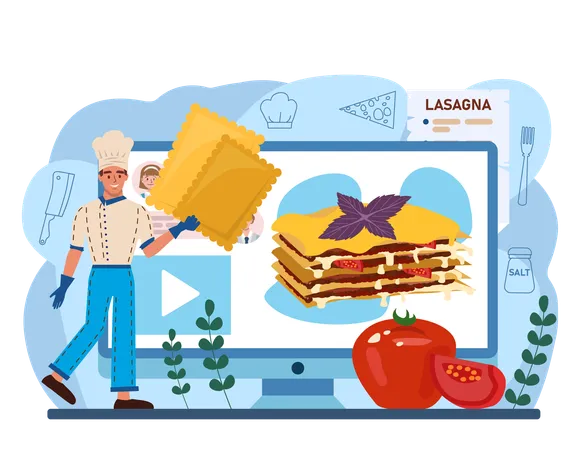 Tasty Lasagna Online Service Or Platform Italian Cuisine On The Plate People Cooking Cheese And Meat Meal For Dinner Or Lunch Online Recipe Flat Vector Illustration Illustration