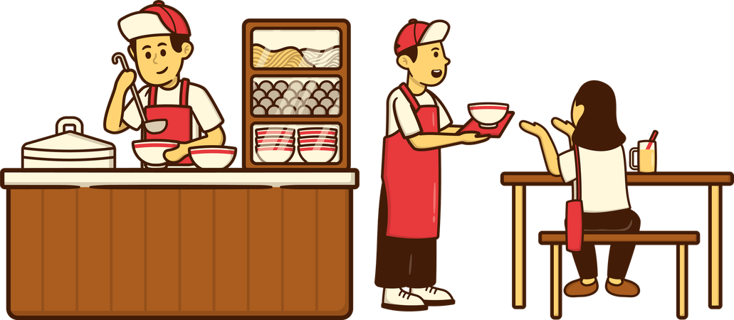 Chef prepares soup for customer  Illustration