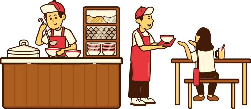 Chef prepares soup for customer  Illustration