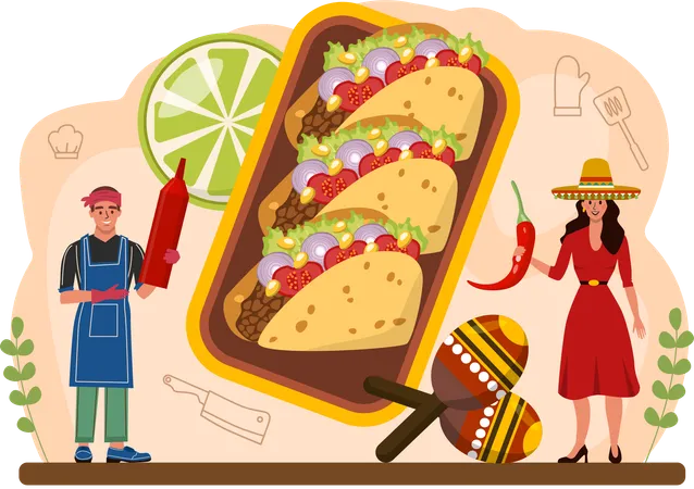 Chef prepares tacos platter  Illustration