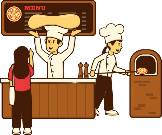 Chef preparing baked pizza in oven  Illustration