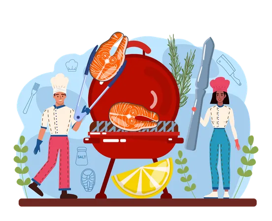 Fish Steak Chef Cooking Grilled Salmon Or Tuna Steak With Lemon Tasty Fish Fillet For Dinner Or Lunch Delicious Meal On A Plate Flat Vector Illustration Illustration