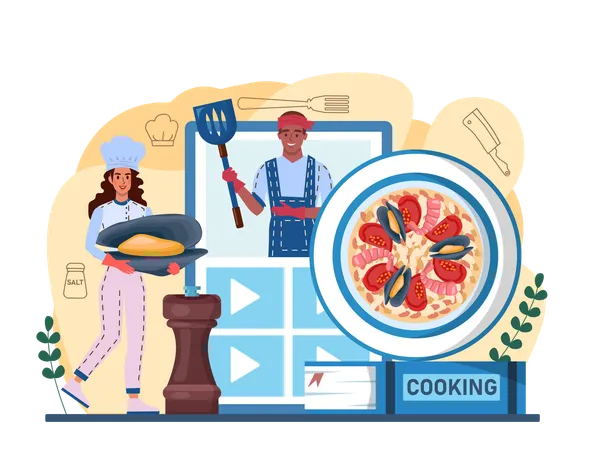 Paella Online Service Or Platform Spanish Traditional Dish With Seafood And Rice Chefs Cooking Healthy Gourmet Cuisine Video Blog Flat Vector Illustration 일러스트레이션