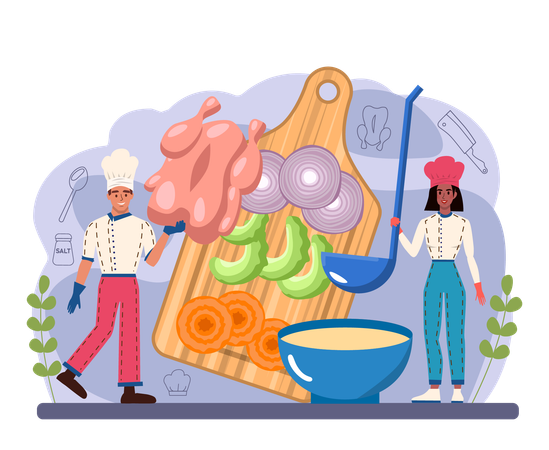 Chef preparing meat soup  Illustration
