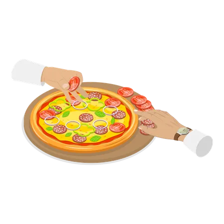 Chef preparing pizza for guest  イラスト