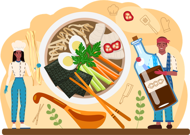 Chef preparing ramen bowl  Illustration