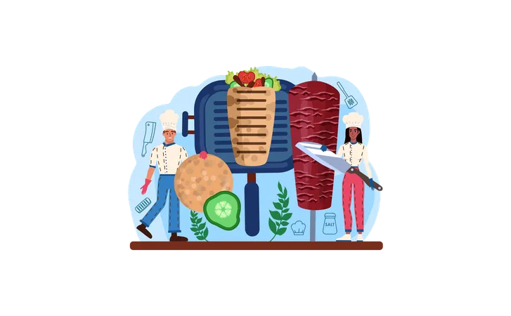 Shawarma Maker Web Banner Or Landing Page Chef Cooking Delicious Street Food Roll With Meat Salad And Tomato Kebab Fast Food Cafe Vector Illustration In Cartoon Style Illustration
