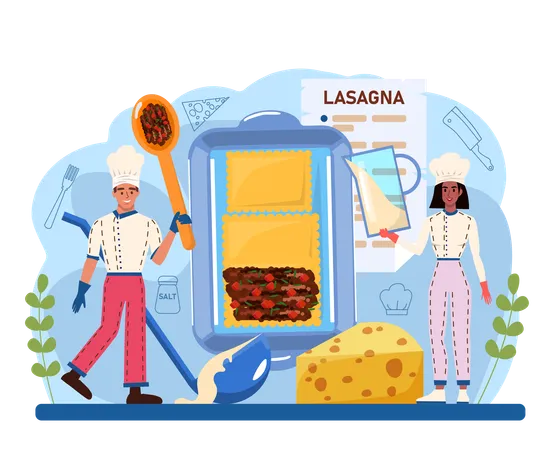 Tasty Lasagna Italian Delicious Cuisine On The Plate People Cooking Cheese And Meat Meal For Dinner Or Lunch Isolated Flat Vector Illustration Illustration