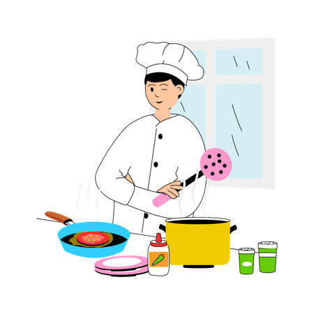 Chef profesional cocinando en restaurante.  Ilustración