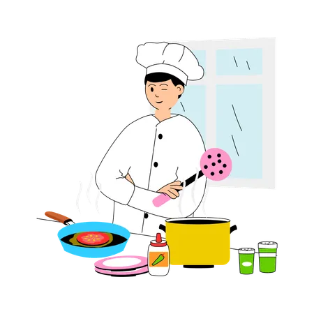 Chef profesional cocinando en restaurante.  Ilustración