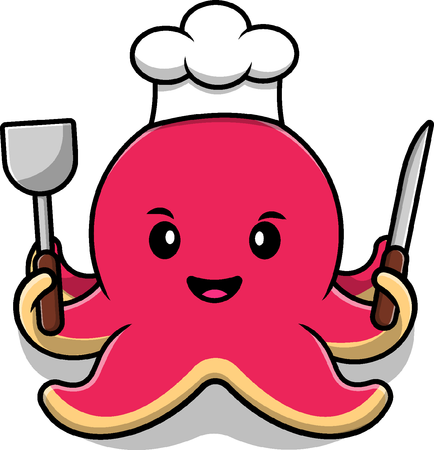 Chef pulpo sosteniendo espátula y cuchillo  Ilustración