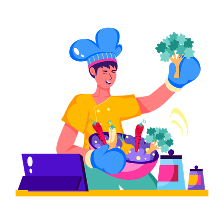 Chef putting ingredients in salad bowl  Illustration