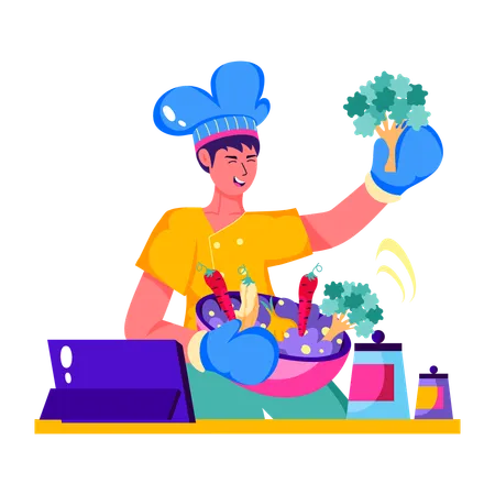 Chef putting ingredients in salad bowl  Illustration