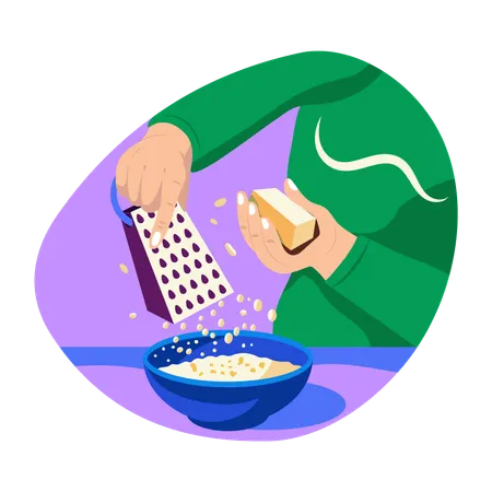 Chef rallando queso con un rallador de queso  Ilustración