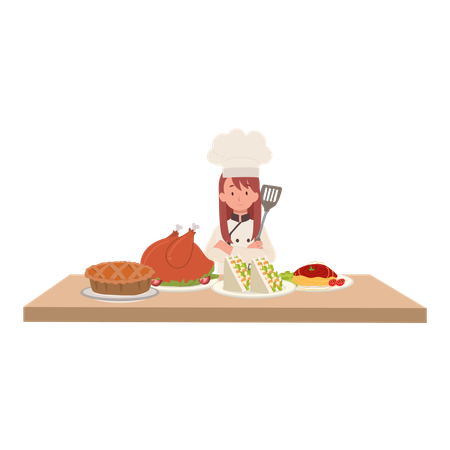 Chef rodeado de platos gourmet  Ilustración