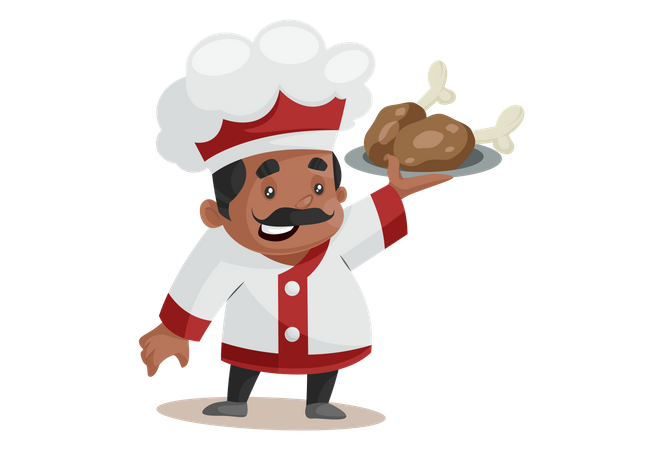 Chef segurando o pedaço de coxa de frango  Ilustração