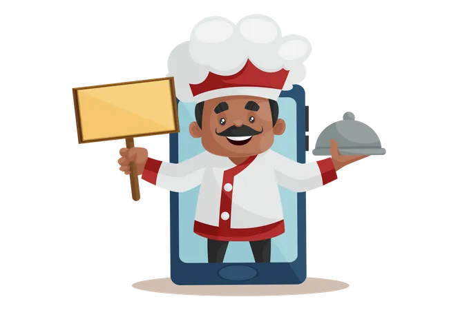 Chef segurando placa e receita na tela do celular como conceito de pedido on-line  Ilustração