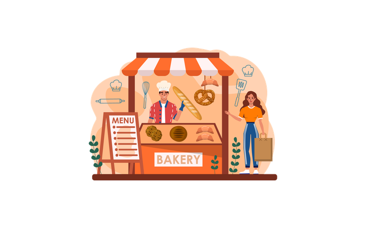 Chef selling bakery items  일러스트레이션