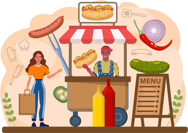 Chef selling burger at market stall  Illustration