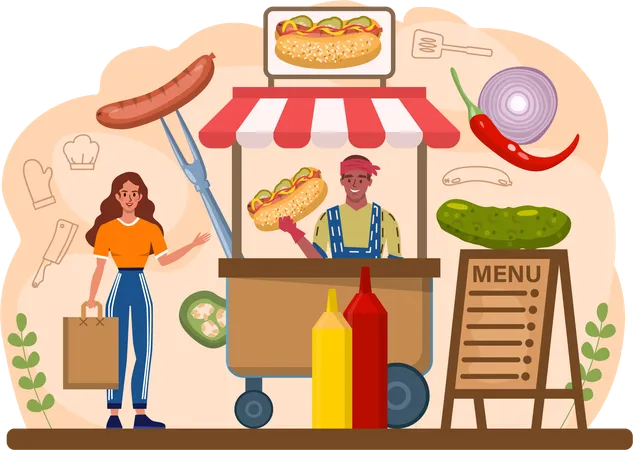 Chef selling burger at market stall  Illustration