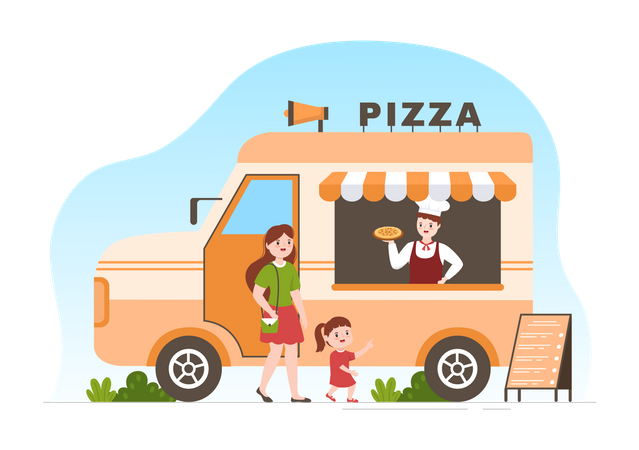 Chef selling pizza from Italian food truck  Illustration