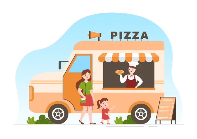 Chef selling pizza from Italian food truck  Illustration