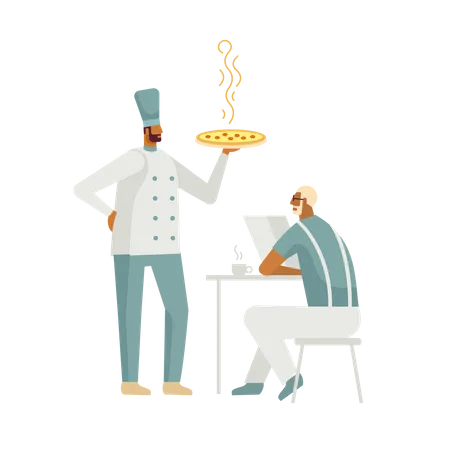 Chef servant une pizza au café  Illustration