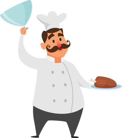 Chef servindo prato de frango  Ilustração