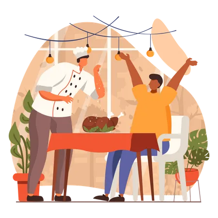 Chef serving Chicken to customer Illustration