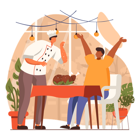 Chef serving Chicken to customer  Illustration