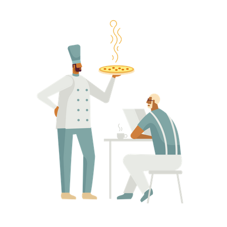 Chef serving pizza in cafe  Illustration