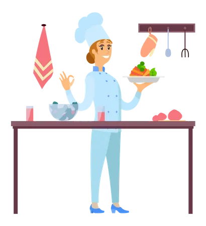 Chef femenina sirve plato en la cafetería  Ilustración