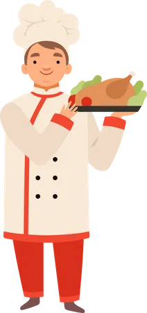 Chef sirviendo plato de pollo  Ilustración