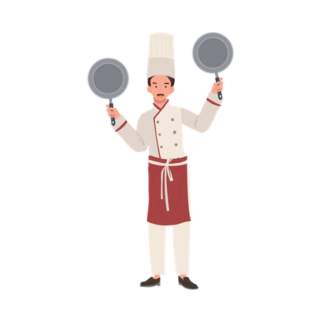 Chef sonriente con sartén  Ilustración