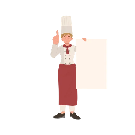 Chef Mujer Sosteniendo El Menu Y Haciendo El Pulgar Hacia Arriba Con El Plato Recomendado Chef Con Cartel En Blanco Ilustración