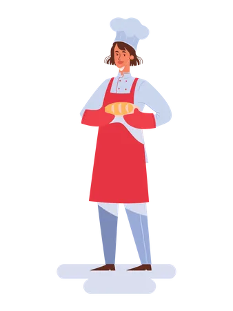 Chef femenina sosteniendo pan  Ilustración