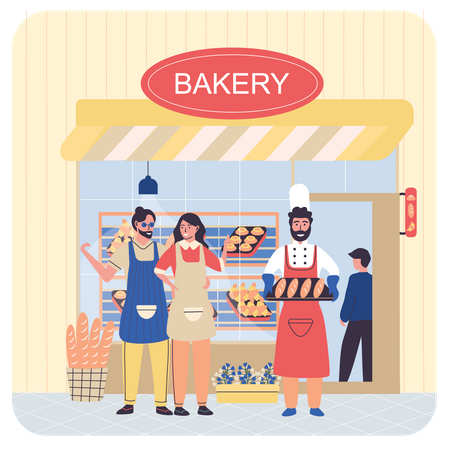 Chef sosteniendo pan en la panadería  Ilustración