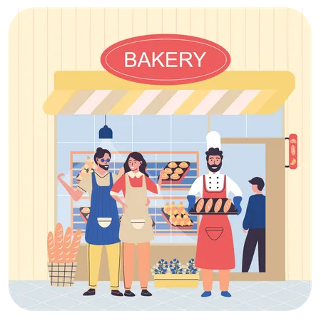 Chef sosteniendo pan en la panadería  Ilustración